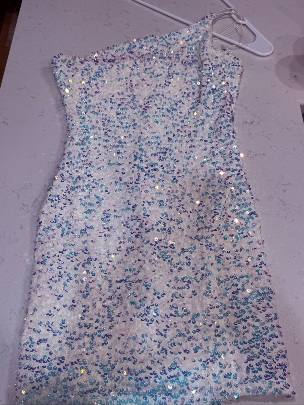 Iridescent White Sequin One-Shoulder Mini Dress